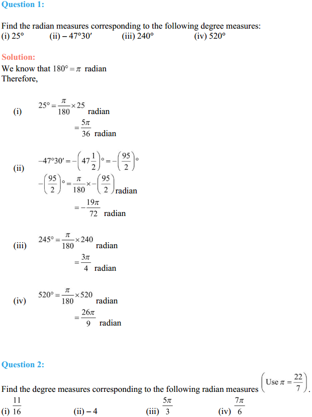 HBSE 11th Class Maths Solutions Chapter 3 Trigonometric Functions Ex 3.1 1