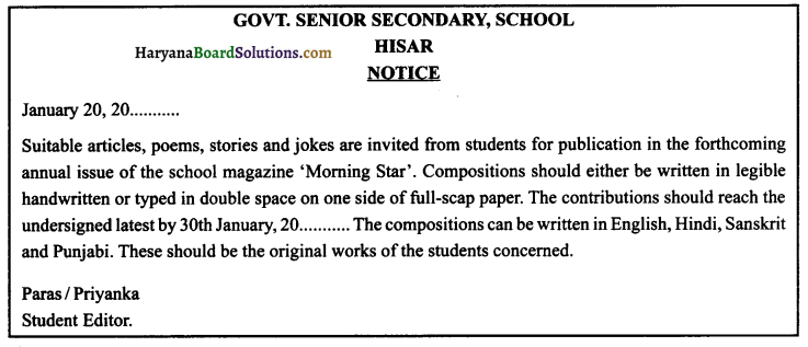 HBSE 12th Class English Notice Writing 8